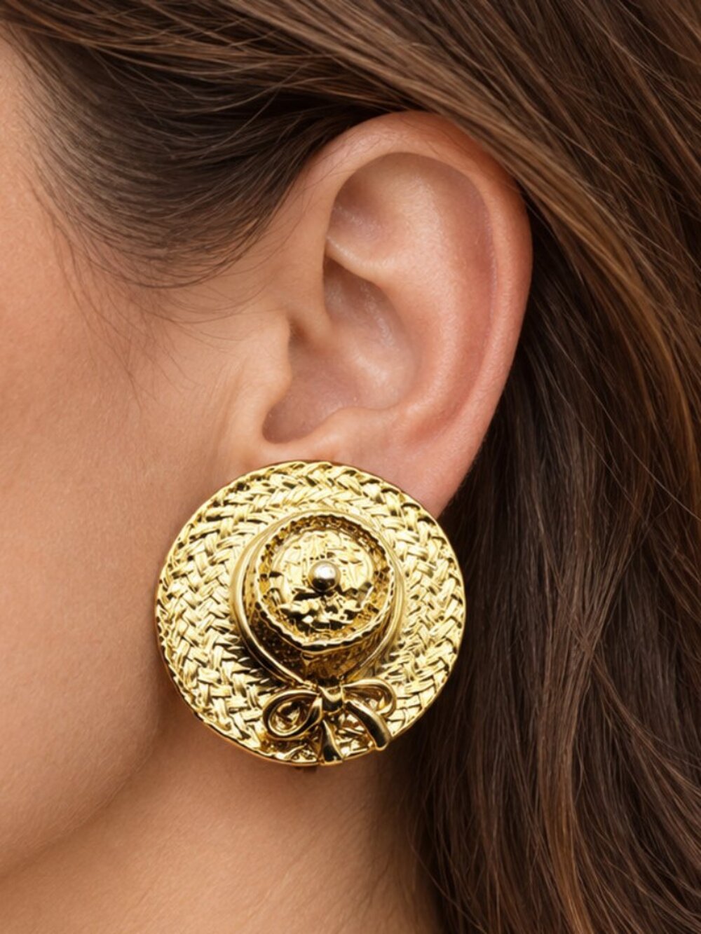 Vintage Gold-Tone Straw Hat & Bow Clip-On Earrings